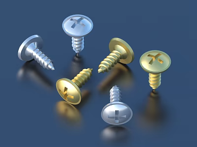 Silver And Gold Cross Head Metal Screws In Various Sizes On Reflective Surface 3d model