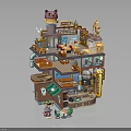 Detailed Multi Level Building Model With Cat Shaped Roof Workshop Shop Furniture And Decorative Pipes