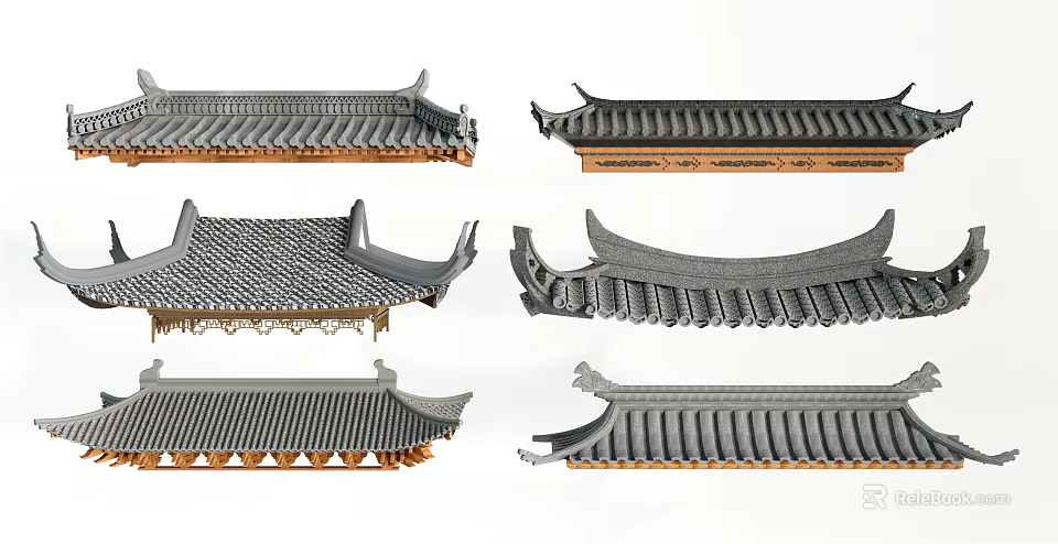 Traditional Chinese Roof Components with Various Tiles Eaves and Architectural Details 3d model 
