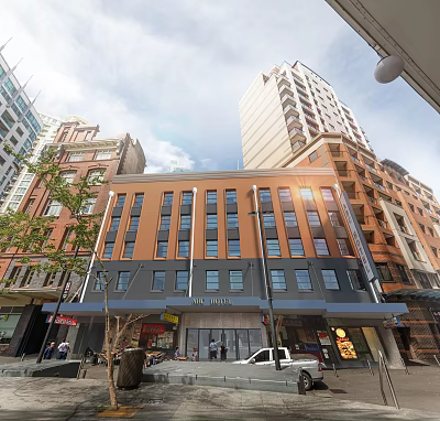 Modern Urban Hotel Building With Orange Exterior Large Windows And Street Storefronts 3d model