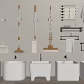 Bathroom Cleaning Tools And White Sinks With Wall Mounted Racks And Towels 3d model