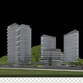 Modern High Rise Office Building Exterior With Glass Curtain Wall And Greenery