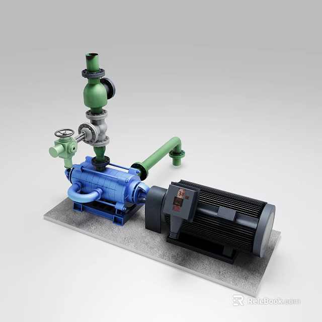 Heavy Duty Industrial Equipment With Blue Pump Green Valves Pipes And Black Motor 3d model 