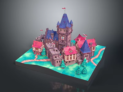 Cartoon Scenery Featuring Castle With Purple Towers Red Roofs Green Trees And Blue Water 3d model