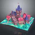 Cartoon Scenery Featuring Castle With Purple Towers Red Roofs Green Trees And Blue Water