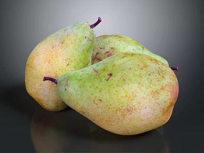 Three Fresh Ripe Pears Greenish Yellow with Red Spots on Dark Background 3d model