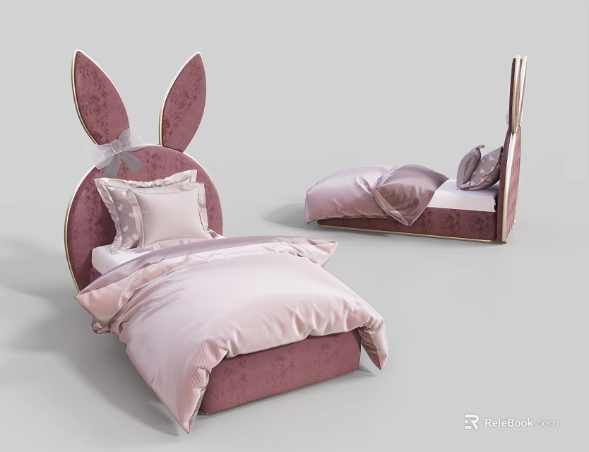 Cute Kids Bed With Rabbit Ear Headboard Pink Purple Bedding And Bow Decor 3d model 
