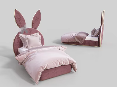 Cute Kids Bed With Rabbit Ear Headboard Pink Purple Bedding And Bow Decor 3d model