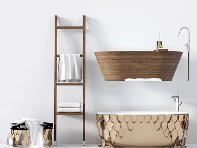 Gold Fish Scale Design Bathtub With Wooden Ladder And White Towels In Modern Bathroom Interior 3d model