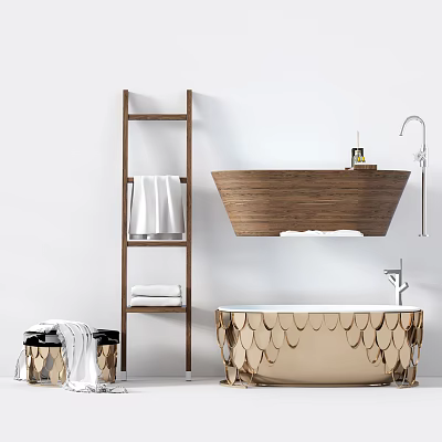 Gold Fish Scale Design Bathtub With Wooden Ladder And White Towels In Modern Bathroom Interior 3d model
