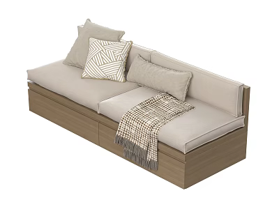Modern Style Sofa With Wooden Base Decorative Pillows And Throw Blanket 3d model