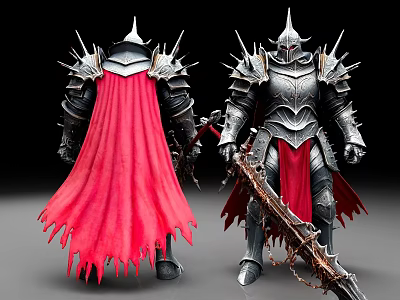 Medieval Men in Spiked Armor with Red Cape and Chain Weapon Design 3d model