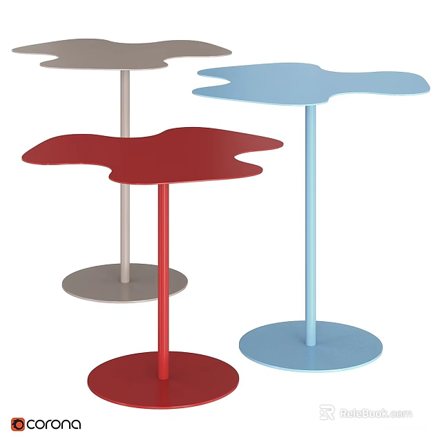 Modern Creative Side Tables in Red Blue and Gray with Irregular Tabletop and Round Base 3d model