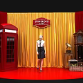 Singapore Themed Photo Spot With Red Telephone Booth Vintage Clock Stacked Boxes And Yellow Red Curtains