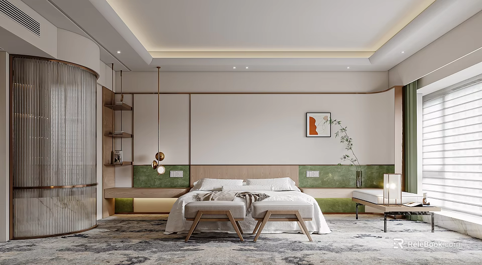 Modern Hotel Room Interior Design With Comfortable Bed Decorative Painting Green Plants And Soft Lighting 3d model 