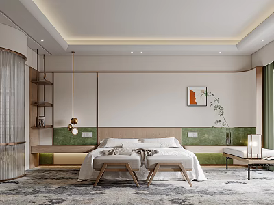 Modern Hotel Room Interior Design With Comfortable Bed Decorative Painting Green Plants And Soft Lighting 3d model