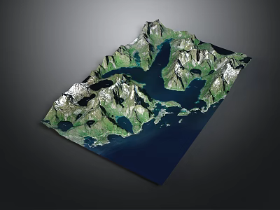 Detailed 3D Topographic Model Featuring Mountains And Lakes On Deep Blue Background 3d model
