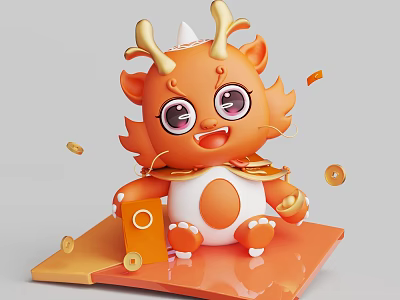 Cute Orange Dragon Character with Antlers Big Eyes and Gold Coins on Orange Platform 3d model