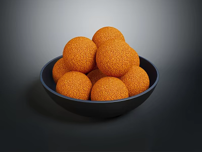 Crispy Orange Food Balls Served in Black Bowl with Crumbly Surface Texture 3d model