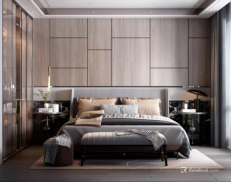Modern Bedroom Interior With Wooden Wall Panels Upholstered Headboard Bed Bench And Nightstands 3d model 