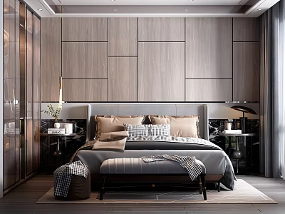 Modern Bedroom Interior With Wooden Wall Panels Upholstered Headboard Bed Bench And Nightstands 3d model