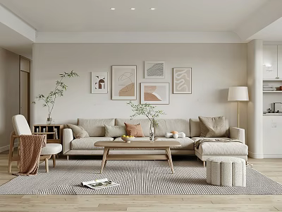 Modern Living Room Interior With Beige Sofa Decorative Artworks Green Plant And Wooden Coffee Table 3d model