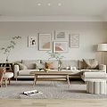 Modern Living Room Interior With Beige Sofa Decorative Artworks Green Plant And Wooden Coffee Table