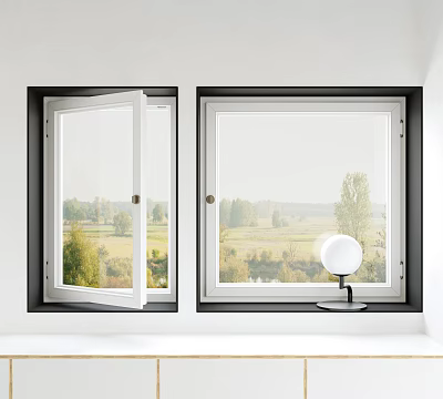 White Casement Windows With Black Frames Open To Green Outdoor View In Modern Interior 3d model