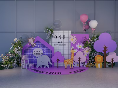 Happy First Birthday Floral Decoration With Purple Theme Animal Figures Balloons And Daisies 3d model