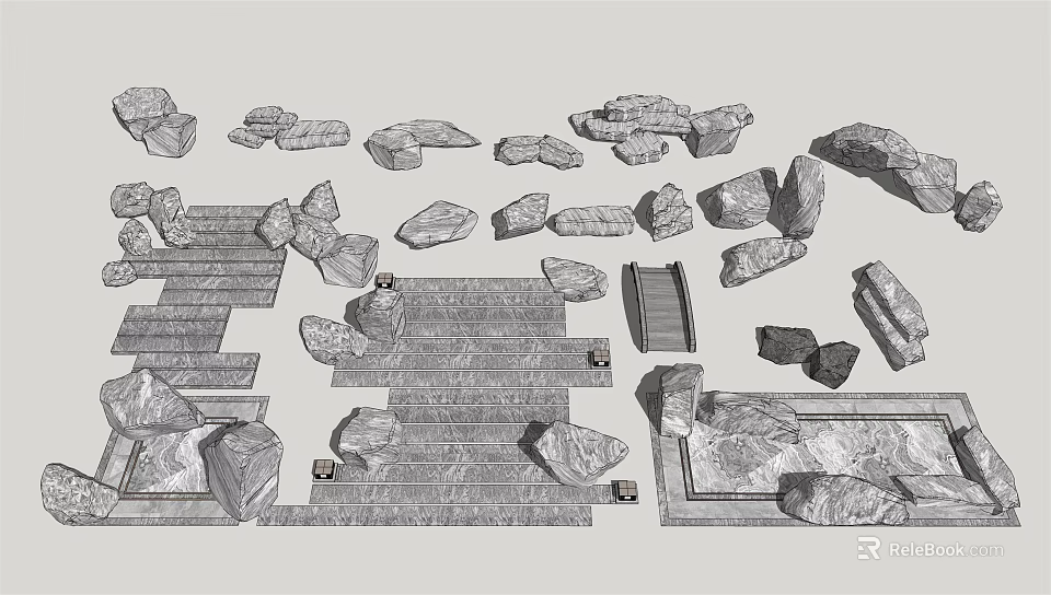 Natural Stone And Wood Materials For Garden Steps Slabs And Pathway Design 3d model 