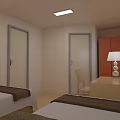 Hotel Room With Twin Beds Desk Chair And Window Sky View Light Beige Walls