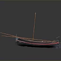 Traditional Wooden Watercraft With Oars Mast And Blue Red Hull Design