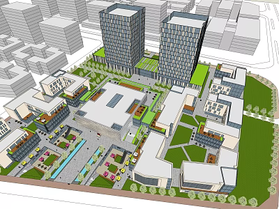Modern Twin Office Building Complex With Green Spaces And Plaza Landscaping 3d model