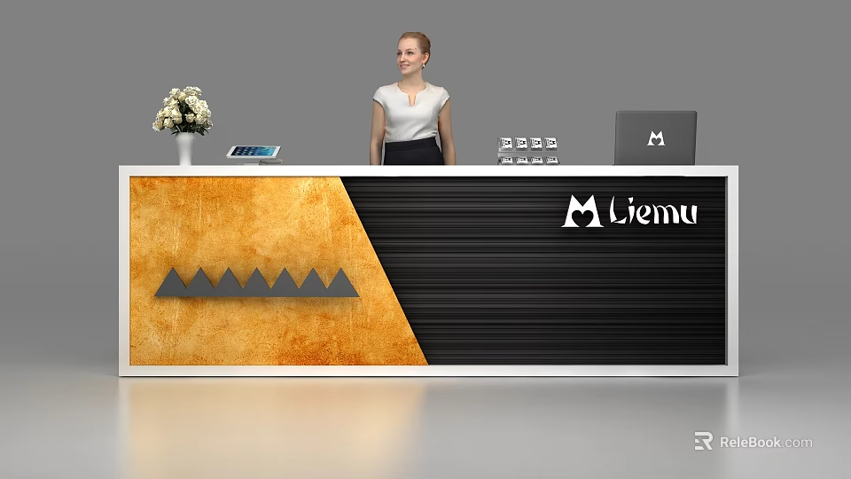 Modern Reception Desk With Black And Orange Design Vase White Flowers Tablet And Liemu Logo 3d model 