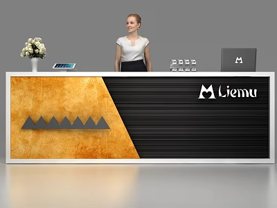 Modern Reception Desk With Black And Orange Design Vase White Flowers Tablet And Liemu Logo 3d model