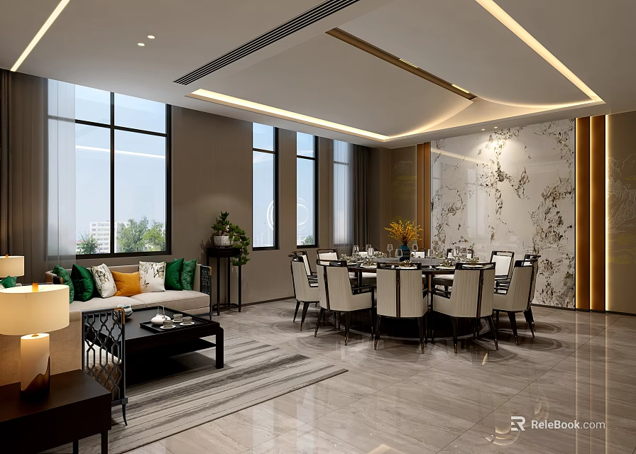 Luxurious Private Dining Room Interior With Round Table Upholstered Chairs And Decorative Wall 3d model