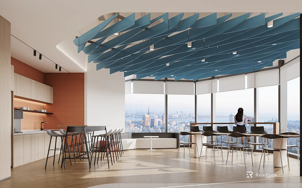 Modern Break Room With Blue Ceiling Panels Large Windows City View Kitchen Cabinets And Tables 3d model 