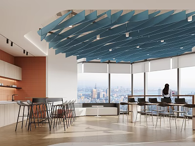 Modern Break Room With Blue Ceiling Panels Large Windows City View Kitchen Cabinets And Tables 3d model