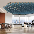 Modern Break Room With Blue Ceiling Panels Large Windows City View Kitchen Cabinets And Tables