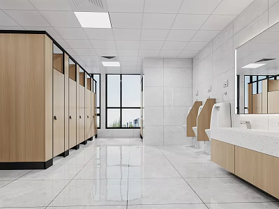 Modern Public Restroom Interior With Wooden Stalls White Tiled Walls Sink And Mirrors 3d model
