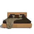 Double Bed With Diamond Stitched Headboard Dark Bedspread And Patterned Blanket 3d model