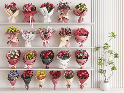 Vibrant Floral Display with Tiered Shelves Wrapped Bouquets and Green Plant 3d model
