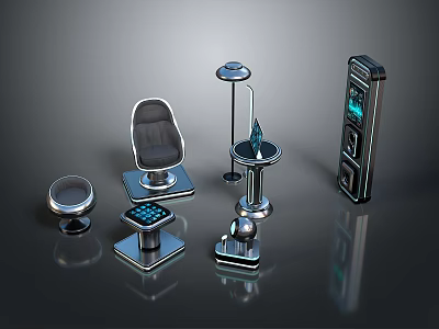Sleek Modern Futuristic Interior Design With Metallic Chair Stool Lamp And Console 3d model