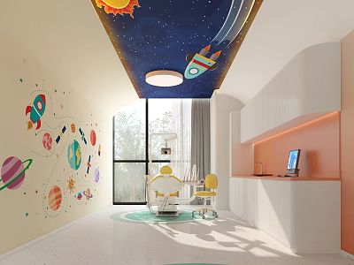 Starry Sky Kindergarten Interior With Colorful Cartoon Decor Rocket Patterns Yellow Chairs And White Cabinets 3d model