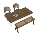 Rectangular Wooden Dining Table Set With Rattan Back Chairs And Bench Green Plant Bowl Tray