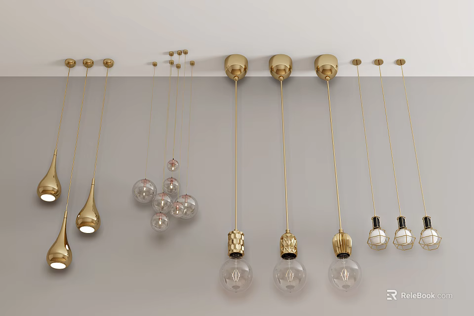 Modern Decorative Pendant Lights With Golden Frames And Glass Shades Various Styles 3d model 