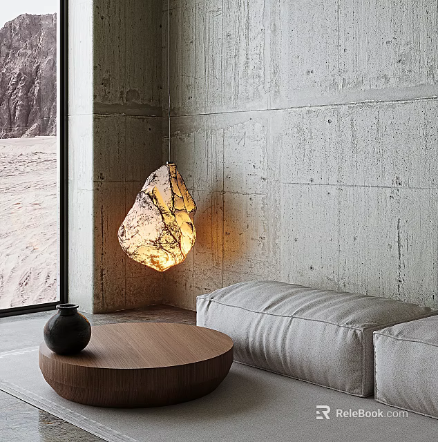 Illuminated Stone Shaped Decorative Lamp In Modern Living Room With Concrete Wall And Sofa 3d model 