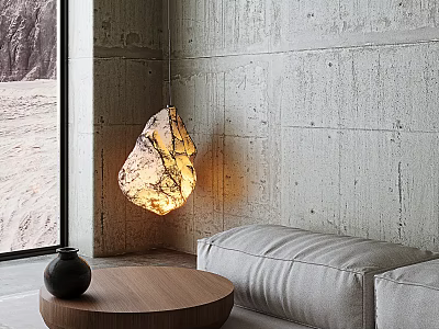 Illuminated Stone Shaped Decorative Lamp In Modern Living Room With Concrete Wall And Sofa 3d model