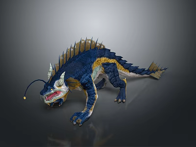 Blue and Yellow Mythical Creature with Spiked Back Fin Long Tail Open Mouth 3d model