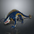 Blue and Yellow Mythical Creature with Spiked Back Fin Long Tail Open Mouth